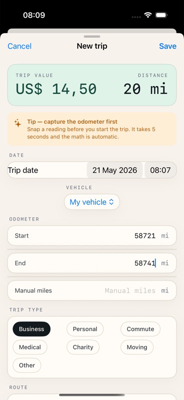 MileCue New trip screen running on iPhone simulator with calculated trip value and distance.