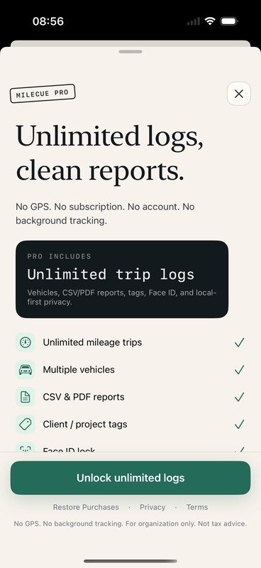 MileCue Pro paywall with annual and monthly plan options when available.