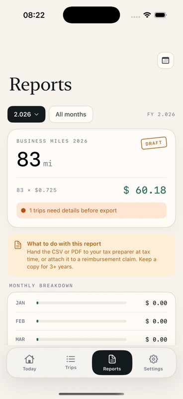 MileCue Reports screen captured from the current SwiftUI app.