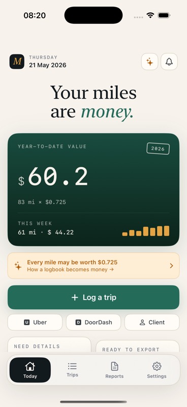 MileCue Today screen running on iPhone simulator with year-to-date mileage value and Log a trip button.
