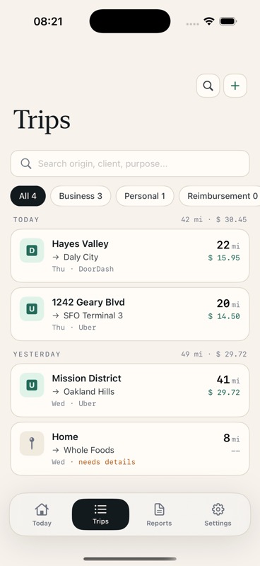 MileCue Trips screen with searchable mileage records and reimbursed trip filters.